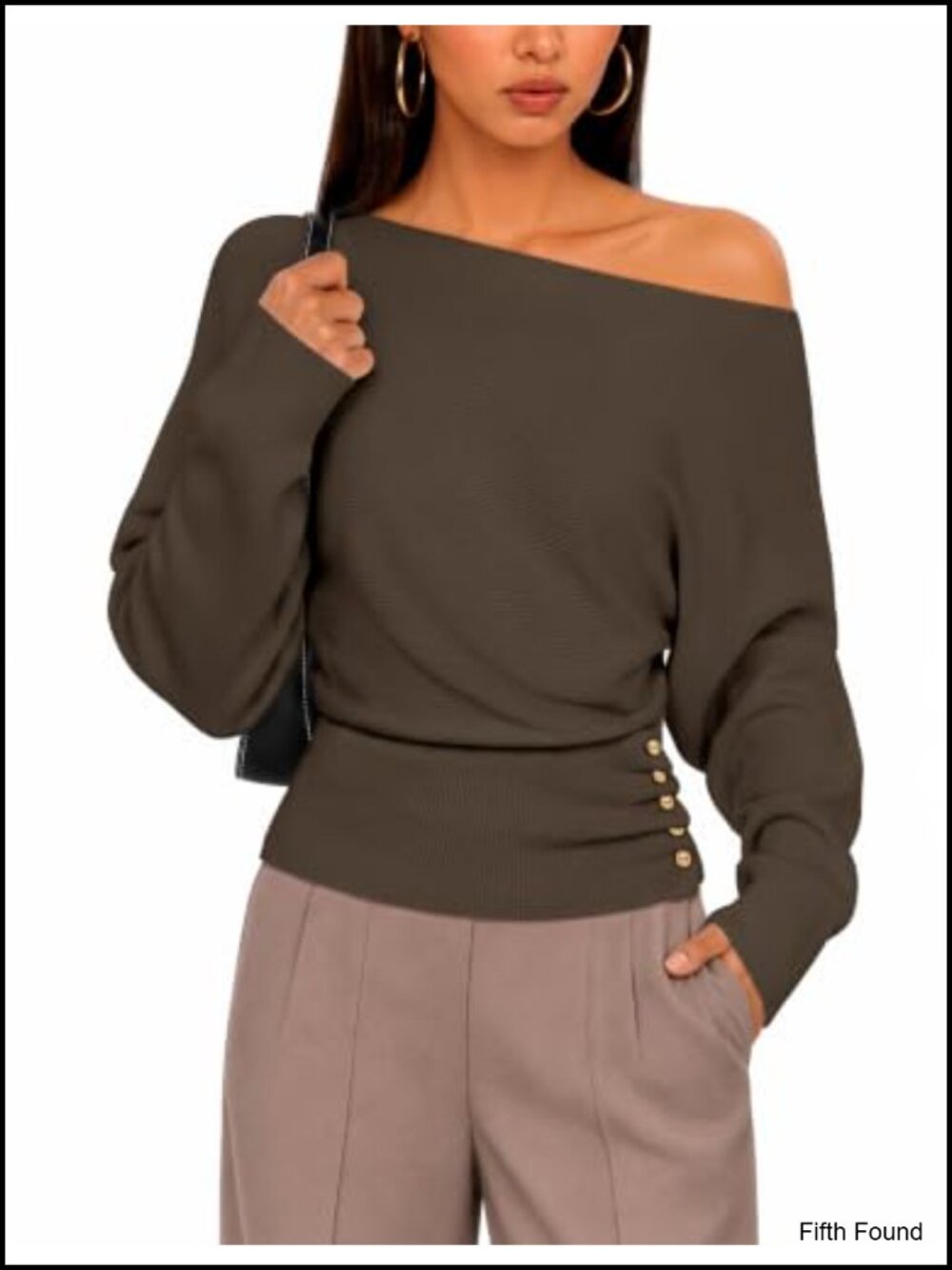 Off Shoulder Ribbed Knit Sweater Batwing Sleeve Gold Button Pullover